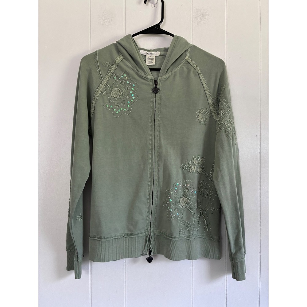 Vertigo Paris Womens Sage Green Embroidered Sequin Zip Up Hoodie L NWT